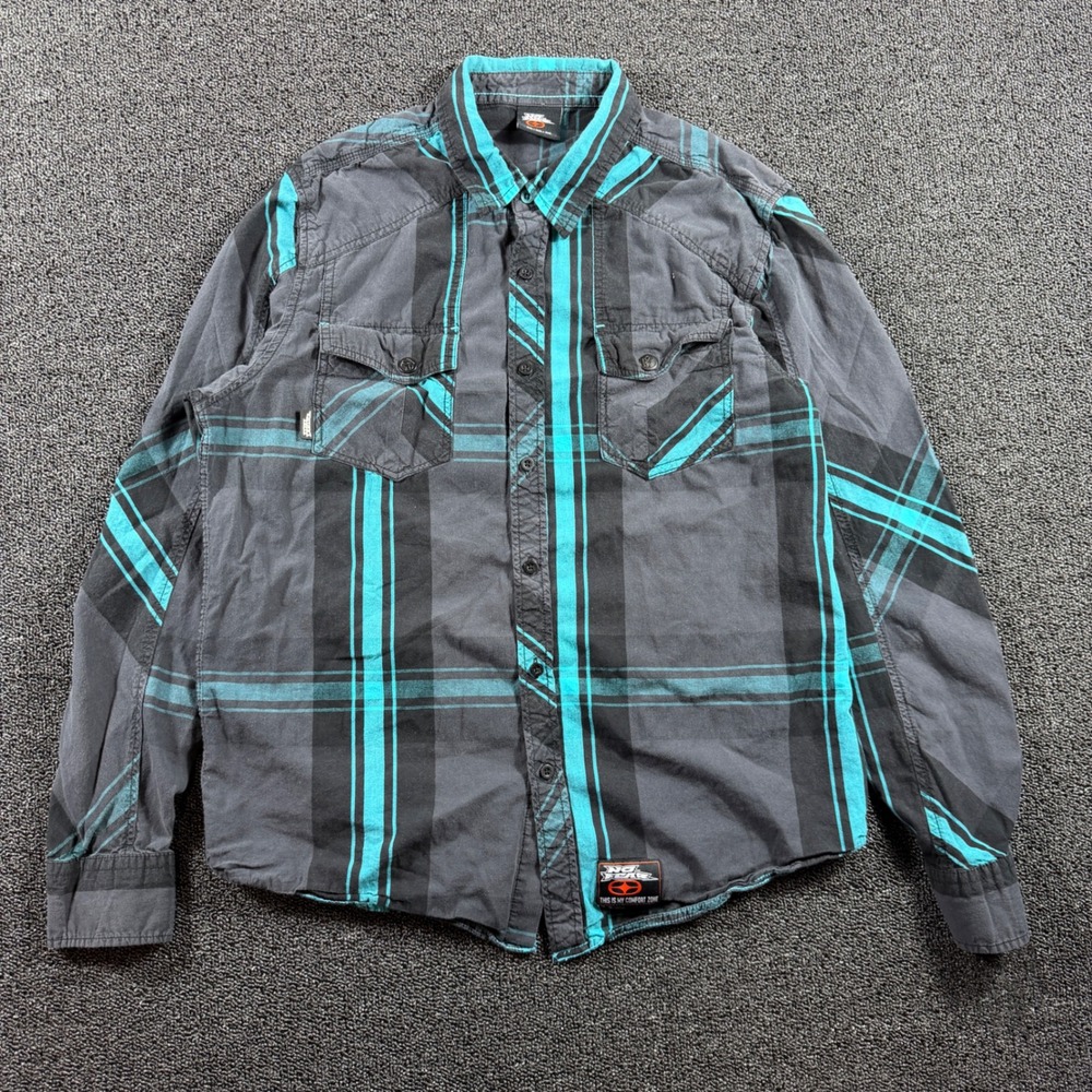 Vintage No Fear Men's M Plaid Button Up Shirt Teal Grey Long Sleeve Y2K Skater